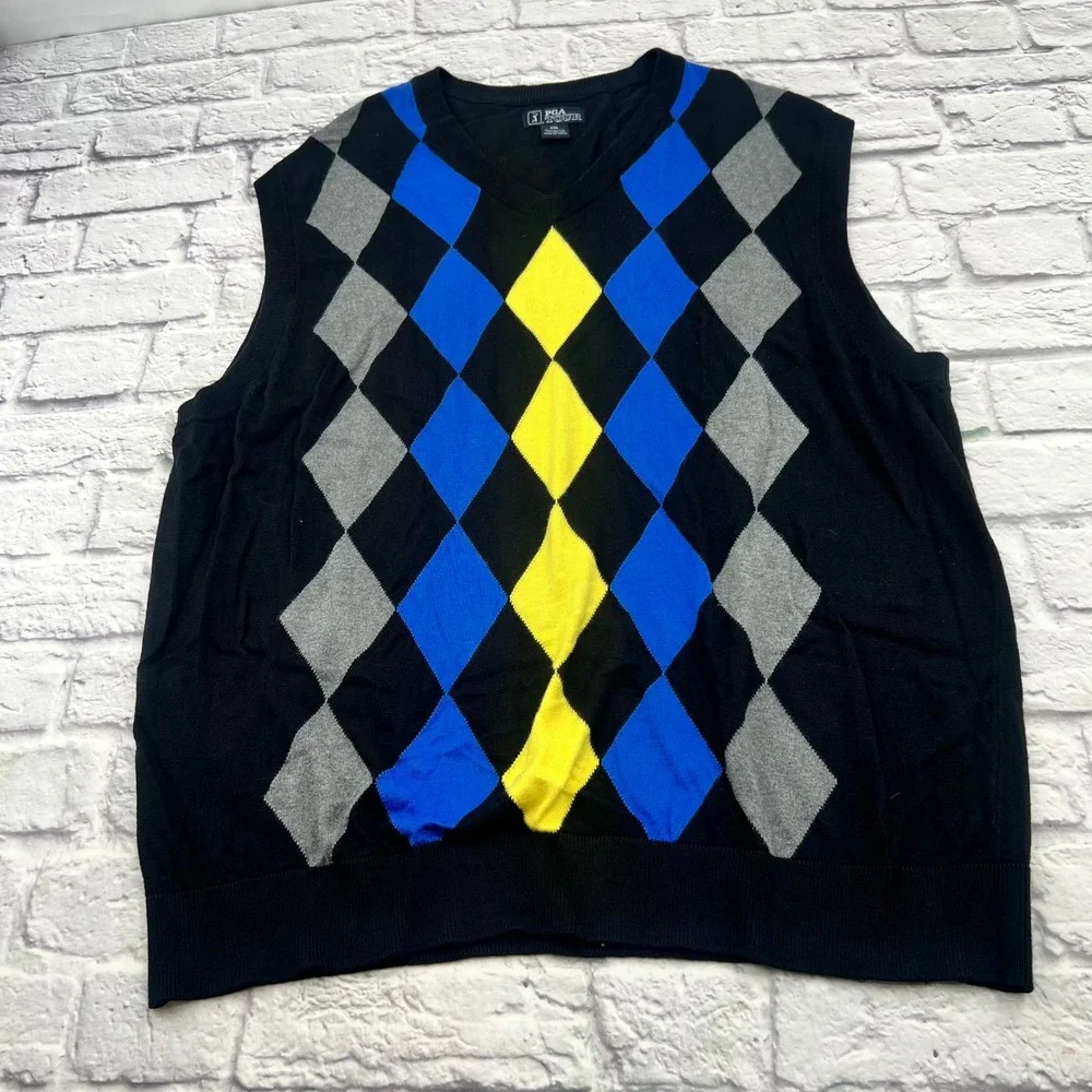 PGA Tour Mens XXL Argyle Sweater Vest Black Blue Yellow V-Neck Golf Knit